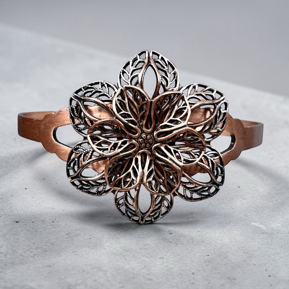 Vintage Copper Cuff Bracelet Filigree Flower Southwestern Sculptural USA Made
